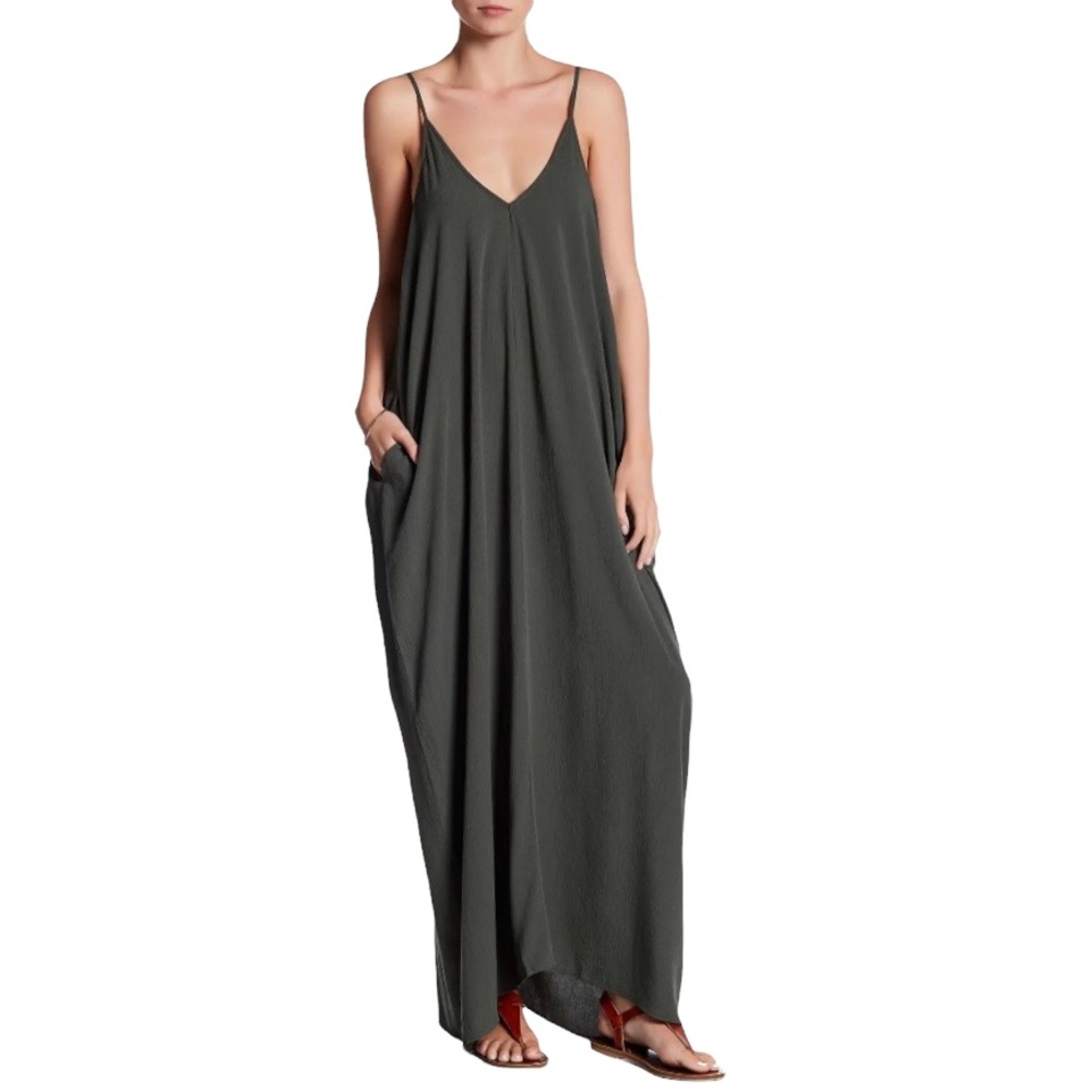 Love Stitch Gauze Maxi Dress Women’s M/L Olive Green Summer Pockets NWT